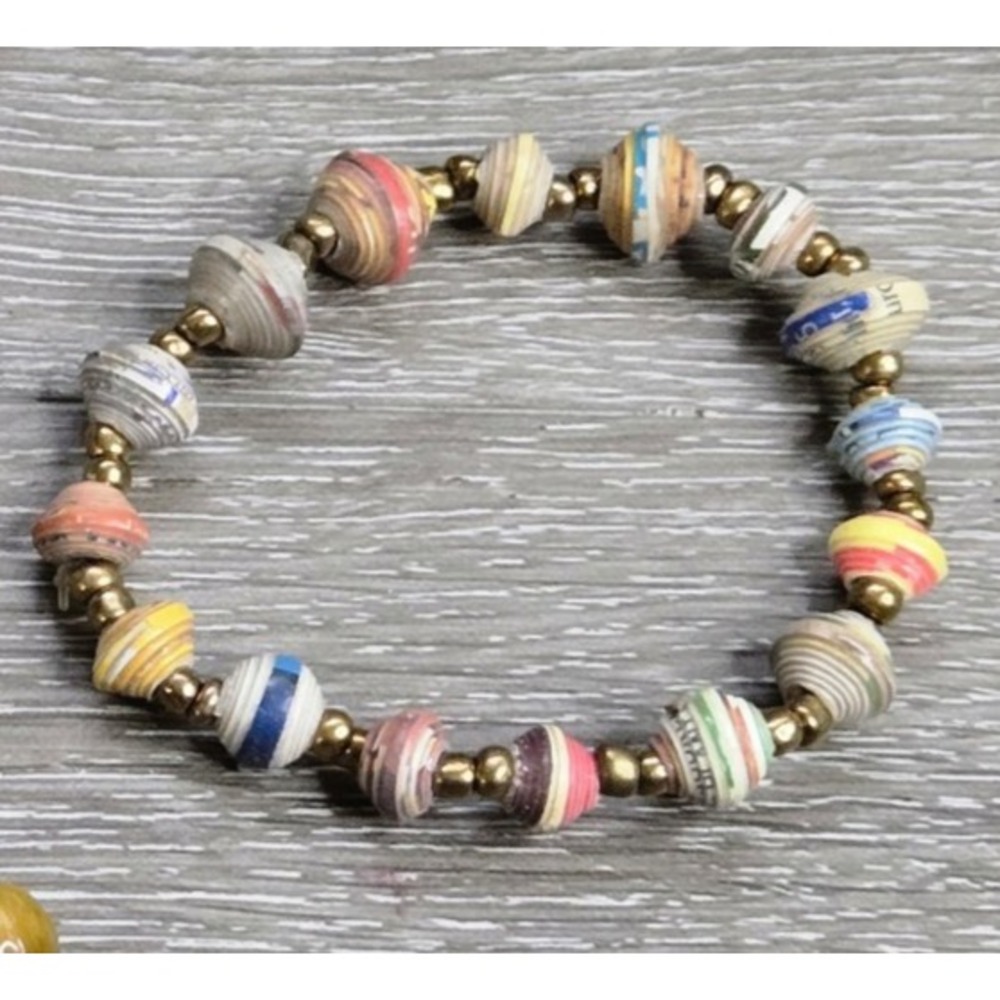 Multicolor Paper Bead Stretch Bracelet Handmade Style Gold Tone Spacer Beads